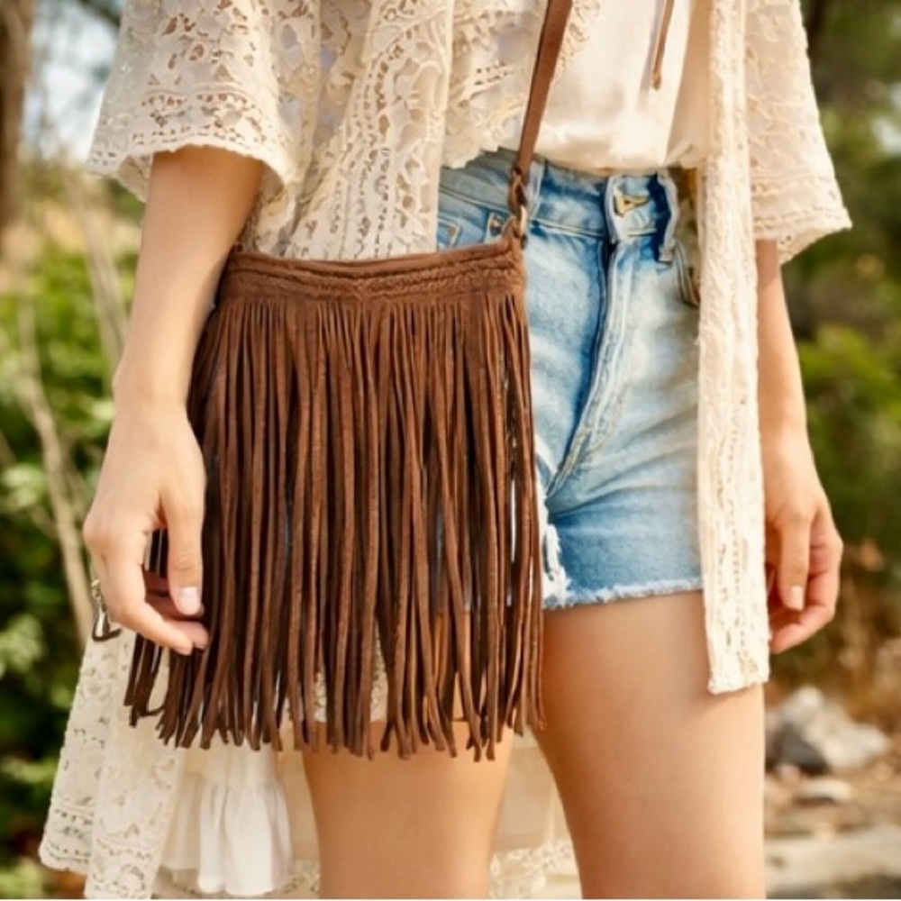 American Eagle Brown Suede Fringe Crossbody Bag Boho Festival Western - Picture 5 of 13